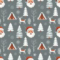 Winter seamless pattern with houses and snowy trees. Christmas vector pattern. Winter background.