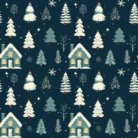 Winter seamless pattern with scandinavian house and snowy trees. Christmas vector pattern. Winter background.