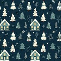 Winter seamless pattern with scandinavian house and snowy trees. Christmas vector pattern. Winter background.