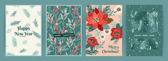 Christmas and Happy New Year cards with flowers, christmas tree, branches, leaves, berries, snowflakes. Trendy retro style. Vector design templates.