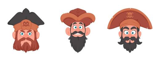 Cartoon pirate heads with beards and hats vector