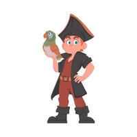 Funny and strict man pirate with a parrot. Cartoon style vector