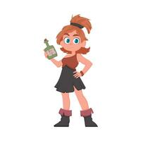 Funny and cute female pirate holding a bottle of rum. Cartoon style vector