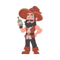 Funny and cute male pirate holding a bottle of rum. Cartoon style vector