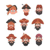 conjunto de varios caras de piratas y ladrones. dibujos animados estilo vector