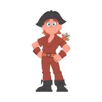 Funny and strict man pirate with a parrot. Cartoon style vector