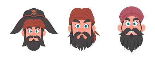 Cartoon pirate head set with beard and hat vector