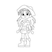 Funny and cute female pirate holding a bottle of rum. Coloring style vector