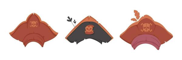 Set of various old hats for pirates. Cartoon style vector