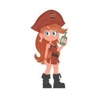 Funny and cute female pirate holding a bottle of rum. Cartoon style vector