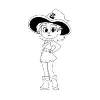 Funny and cute female pirate. Girl in a pirate costume. Coloring style vector