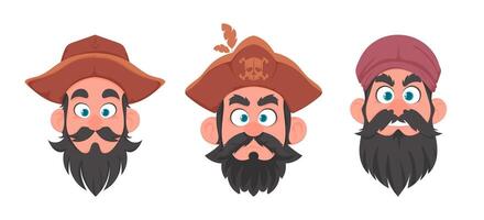 Cartoon pirate characters with beards and hats vector