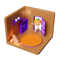 3d isometric room for halloween holiday party with cylinder stage podium, pumpkin head man isolated. png