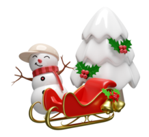 3d boneco de neve com trenó, pinho árvore, chapéu, azevinho baga folhas, tinir Sino. alegre Natal e feliz Novo ano, 3d render ilustração png