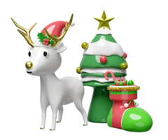3d reindeer with  pine tree, gift box, hat, christmas sock isolated. merry christmas and happy new year, 3d render illustration png
