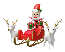 3d Santa claus with reindeer, sleigh, gift box, hat, bag isolated. merry christmas and happy new year, 3d render illustration png