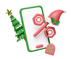 mobil telefon, smartphone med rabatt försäljning, santa claus hatt, jul träd, järnek bär löv isolerat. glad jul och Lycklig ny år, 3d framställa illustration png