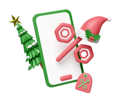 mobile téléphone, téléphone intelligent avec remise ventes, Père Noël claus chapeau, Noël arbre, houx baie feuilles isolé. joyeux Noël et content Nouveau année, 3d rendre illustration png