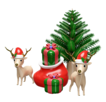 3d reindeer with pine tree, gift box, hat, bag. merry christmas and happy new year, 3d render illustration png