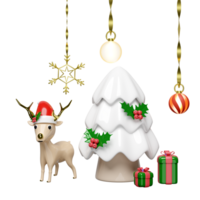 3d reindeer with pine tree, gift box, hat, ornaments glass transparent, snowflake isolated. merry christmas and happy new year, 3d render illustration png