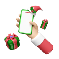 santa claus händer innehav mobil telefon eller smartphone med gåva låda, hatt, järnek bär löv isolerat. uppkopplad handla, glad jul och Lycklig ny år, 3d framställa illustration png