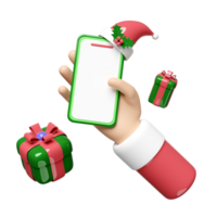 Santa Claus mani Tenere mobile Telefono o smartphone con regalo scatola, cappello, agrifoglio bacca le foglie isolato. in linea acquisti, allegro Natale e contento nuovo anno, 3d rendere illustrazione png