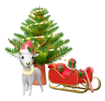 3d reindeer with sleigh, pine tree, gift box, hat isolated. merry christmas and happy new year, 3d render illustration png