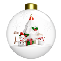 3d neve sfera, ornamenti bicchiere trasparente con pupazzo di neve e amico, pino albero, regalo scatola, cappello, fiocco di neve isolato. allegro Natale e contento nuovo anno, 3d rendere illustrazione png