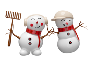 3d snowman and friend with hat, scarf, broom. merry Christmas and festive New Year, 3d render illustration png