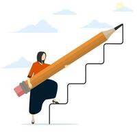 concepto de creando un escalera a éxito, crecimiento o desarrollo de un carrera camino, planificación para superación personal o liderazgo motivación, salir adelante por sí mismo éxito, mujer tracción un escalera a escalada éxito. vector