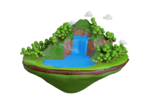 waterfall 3d illustration. 3d illustration of floating forest island with green grass, waterfall and mountain png