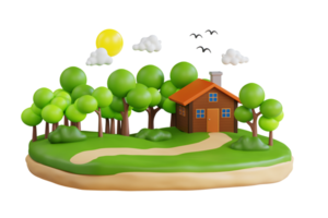 Country house in the forest. Summer forest with country house. 3d illustration png