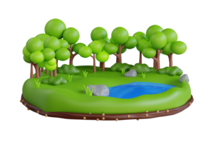 Forest scene with little pond 3d illustration. Pond surrounded by green grass in the middle of the forest png