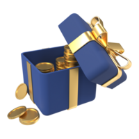 3d öppen gåva låda med gyllene mynt och band. pengar pris- pris. tjäna punkt och skaffa sig belöningar. 3d tolkning png