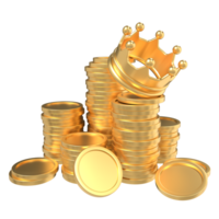 Stack of golden coins with a crown. Finance and investment concept. King money icon symbol. 3D rendering png