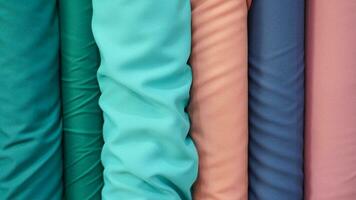 various types of rolled colorful fabrics neatly arranged for the background photo