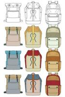 Hand drawn colorfull Vector Set of Backpacks. Cartoon Casual Backpack, cool backpack colorfull. Backpacks Vector illustration.