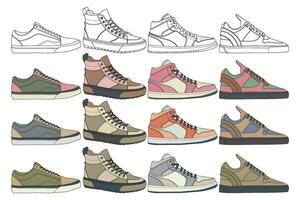 Set of sneakers illustration in colorful drawings, sneakers vector line art isolated, bundling shoe illustration template.