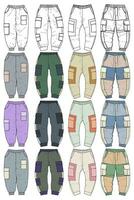 Cargo Pants colorful fashion hand drawing technical  template. Cargo pocket fashion mockup for training. vector
