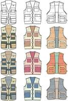 full color vector drawing vest set, vest with sketch style, training template vector vest, vector illustration.