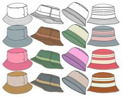 set of color full bucket hat drawing vector, color full bucket hat in a sketch style,  template color full for training, vector Illustration.