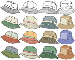 set of color full bucket hat drawing vector, color full bucket hat in a sketch style,  template color full for training, vector Illustration.