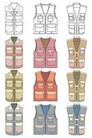 full color vector drawing vest set, vest with sketch style, training template vector vest, vector illustration.