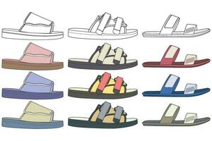 Strap sandals coloring drawing vector, strap sandals drawn in a sketch style, bundling strap sandals template full color, vector Illustration.