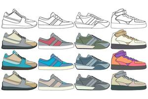 Set of sneakers illustration in colorful drawings, sneakers vector line art isolated, bundling shoe illustration template.