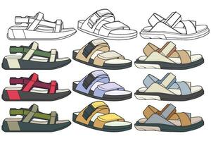 Strap sandals coloring drawing vector, strap sandals drawn in a sketch style, bundling strap sandals template full color, vector Illustration.