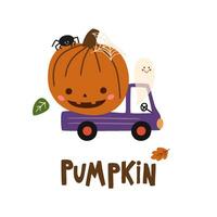 Halloween pumpkin truck with ghost, spider, net, fall leaves isolated element for greeting, party celebration. Cute vector illustration in childish style. Funny spooky poster, banner for kids.