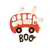 Ghosts on the bus going to celebrate Halloween. Cartoon ghost car greeting card with text BOO isolated element. Autumn vector illustration. Cute childish design.