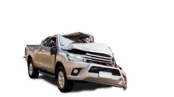 PNG format. Back and side view of gray or bronze pickup car get damaged by accident on the road. damaged cars after collision. isolated on transparent background