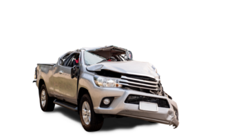 PNG format. Back and side view of gray or bronze pickup car get damaged by accident on the road. damaged cars after collision. isolated on transparent background